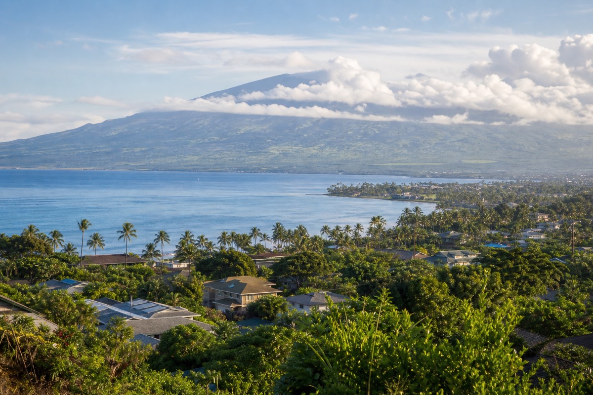 Hilo Bay and downtown seen from above, with the Big Island's volcanic slopes behind