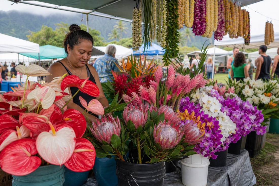 A flower and lei stand at the Hilo Farmers Market