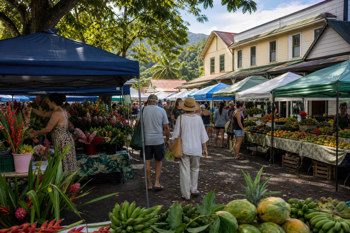 Colorful open-air stalls at the Hilo Farmers Market in downtown Hilo