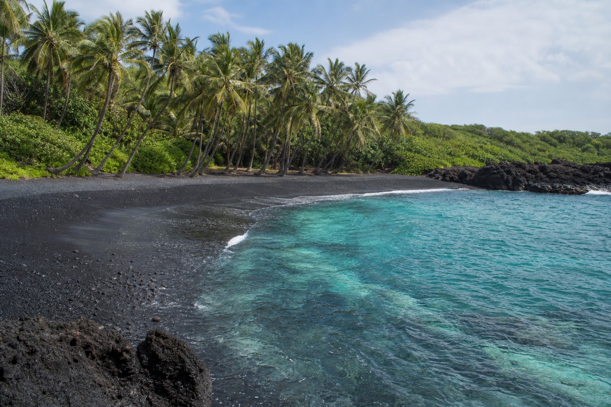A crescent of black sand beach fringed with coconut palms on the Big Island's east side