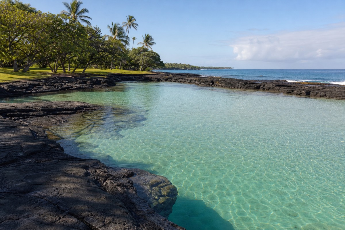 The calm, spring-fed swimming lagoon at Carlsmith Beach Park near Hilo