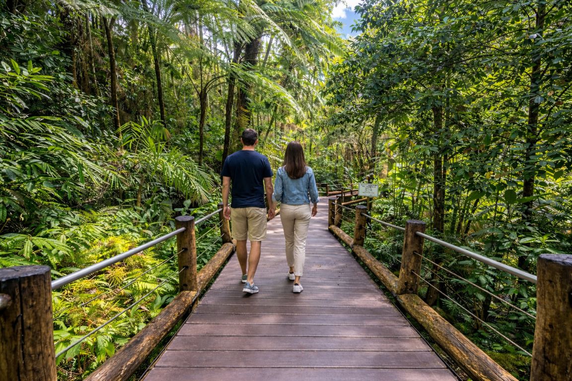 Tropical rainforest pathway at Hawaii Tropical Bioreserve and Garden with dense greenery and wooden trail, explored during a Hilo Tours excursion
