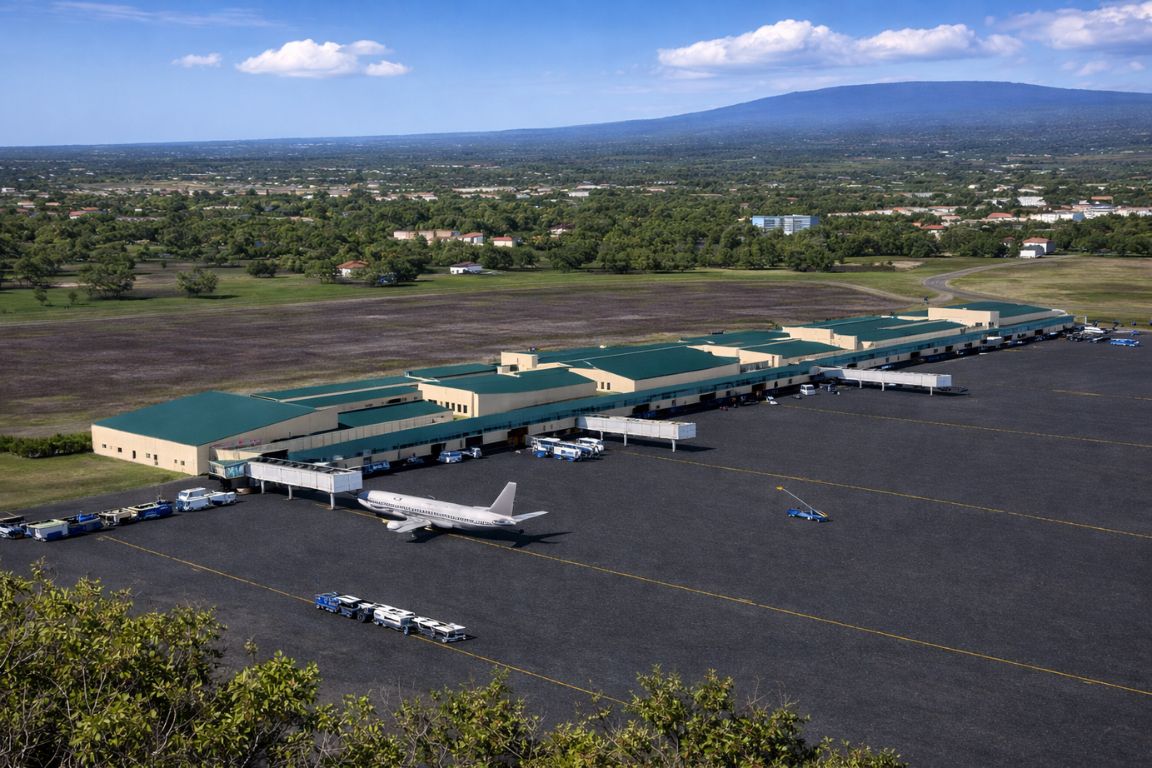 Hilo International Airport terminal and runway view with airplane in Hawaii, seen during a guided tour with Hilo Tours