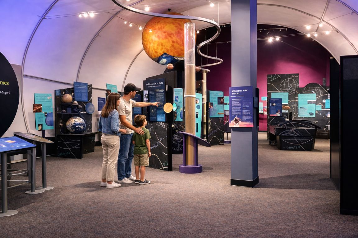 Visitors learning about astronomy at ʻImiloa Astronomy Center in Hilo with educational exhibits and planet displays, captured during a Hilo Tours experience