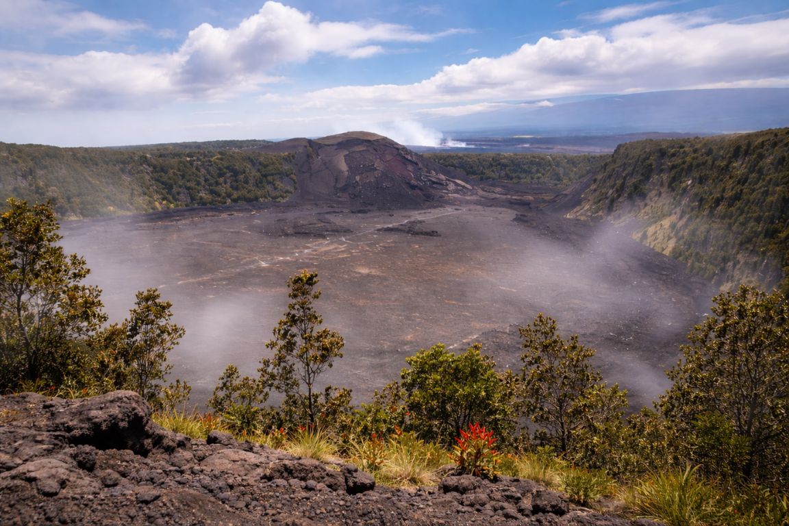 Kīlauea crater caldera in Hawaii showcasing active volcanic scenery and mist rising from lava fields, seen during a tour with Hilo Tours