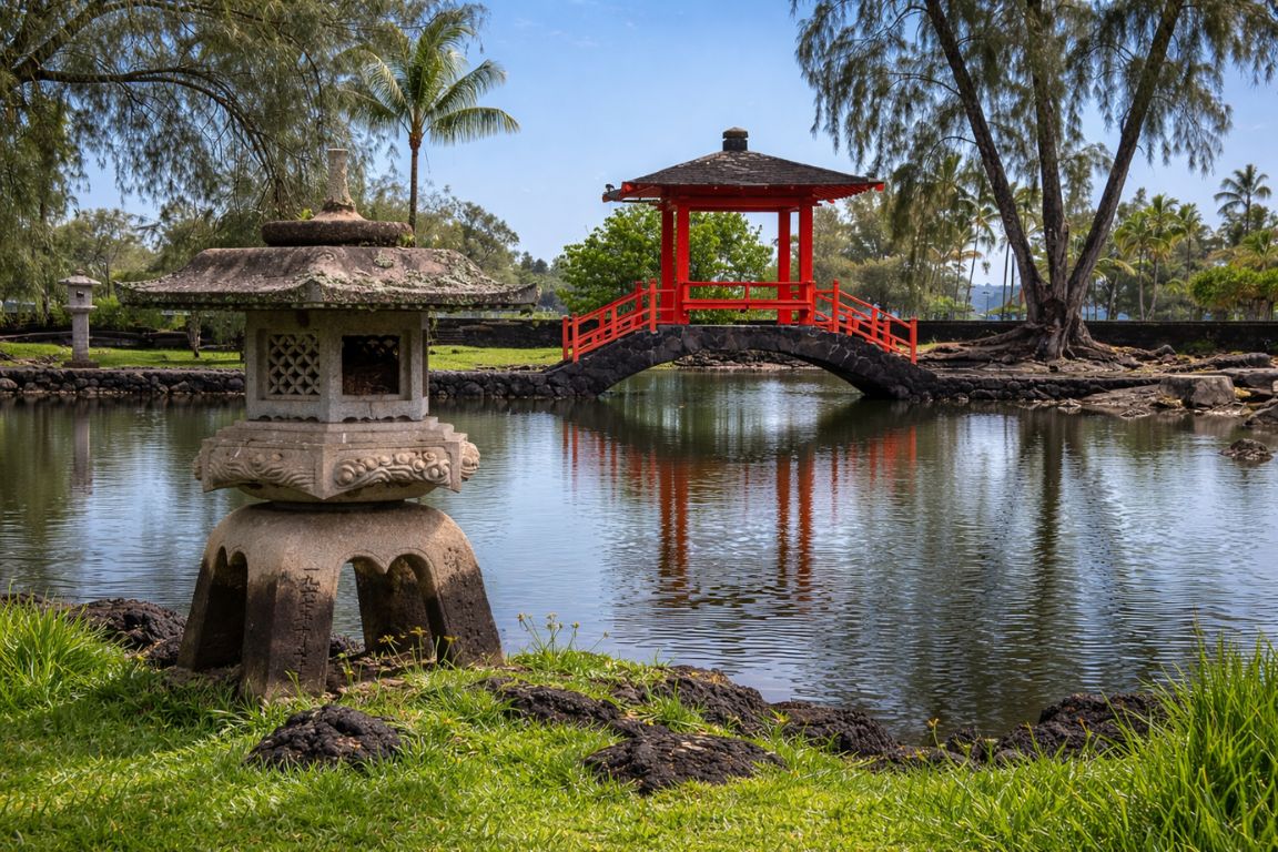 Iconic red bridge and pond at Liliʻuokalani Gardens in Hilo surrounded by palm trees, experienced during a Hilo Tours excursion