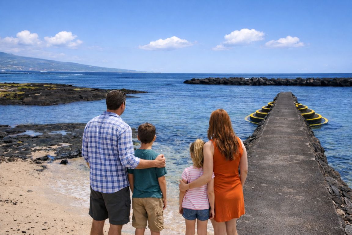 Family enjoying ocean view at Onekahakaha Beach Park in Hilo Hawaii near calm swimming area, visited during a guided tour with Hilo Tours