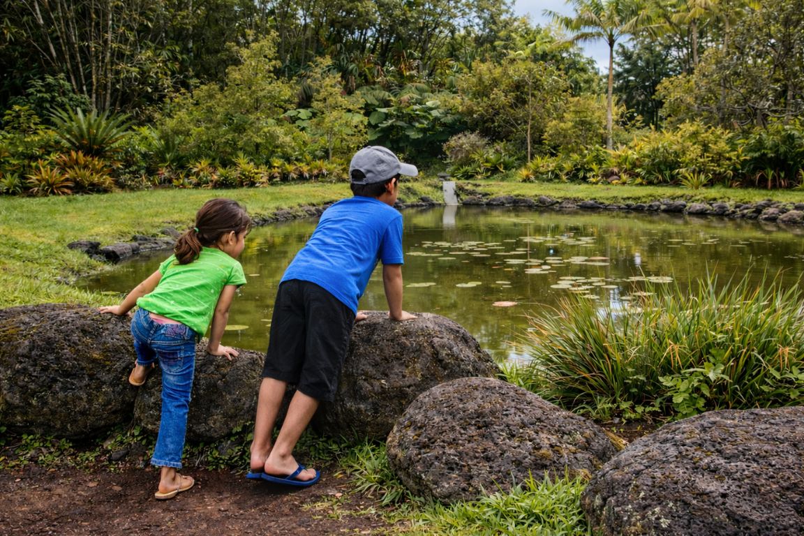 Tropical garden pond at Panaʻewa Rainforest Zoo and Gardens with kids enjoying nature in Hilo Hawaii, explored during a guided tour with Hilo Tours