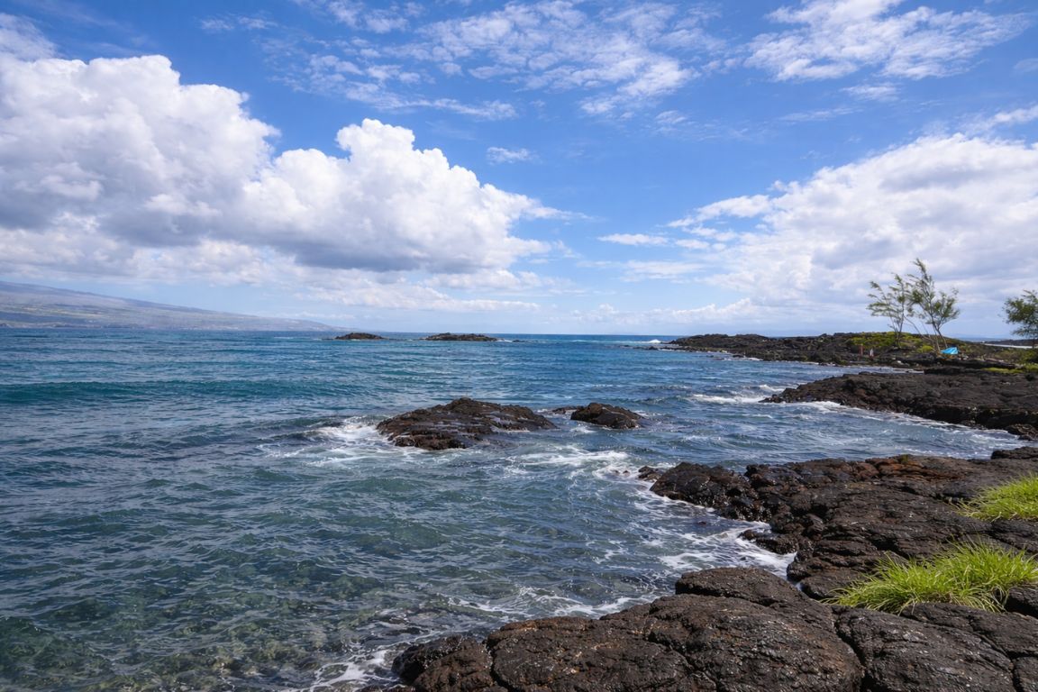 Richardson Ocean Park in Hilo Hawaii featuring volcanic rocks and turquoise water along the coast, seen during a guided tour with Hilo Tours